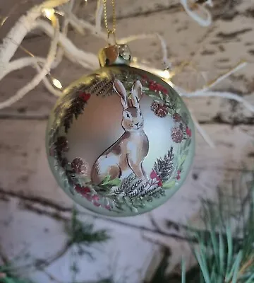 £5.99 • Buy Gisela Graham Matt Green Vintage Hare Berry Glass Wildlife Christmas Bauble