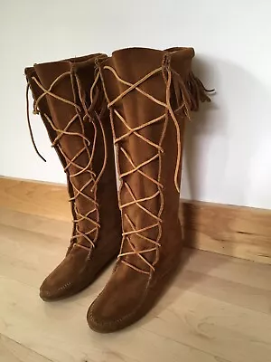 EUC Minnetonka Knee High Lace Up Moccasin Boots 9 Brown Suede Leather Fringe • $30