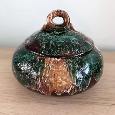 Vallauris Pottery Lidded Round Pot Sugar Bowl Green And Brown Drip Glaze • £24.99