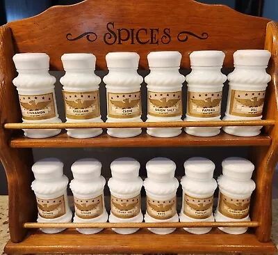 Vintage Wooden Spice Rack With 12 Milk Glass Spice Jars  Cornwall Wood Products • $37.99