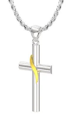 Ladies 925 Sterling Silver With 14k Yellow Gold Methodist Cross Pendant Necklace • $86.49