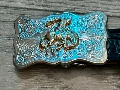 JUSTIN Belt Black Tooled Leather Rodeo Western Cowboy Buckle USA Youth 22 • $18.20