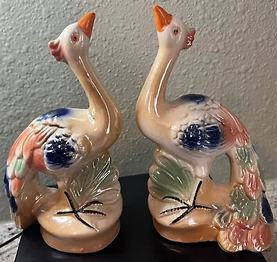 2 Vtg Porcelain Lusterware Peacock Figure Made In Brazil Majolica MCM Bird Peach • $39.99