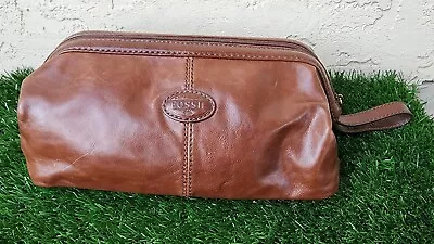 Fossil Brown Genuine Leather Framed  Zip Toiletry Dopp Bag Travel • $39.95