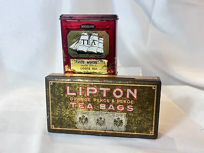 Vtg Lipton Tea Bags & Bigelow Trade Winds Tea Hinged Top Litho Tin Lot Of 2 • $29.95