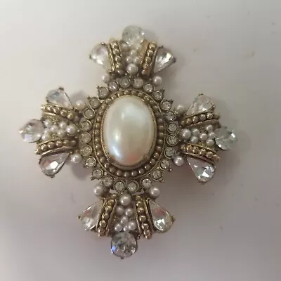 Maltese Cross Brooch Rhinestones Faux Pearls Gold-Tone VTG Designed By Paula • $59.99