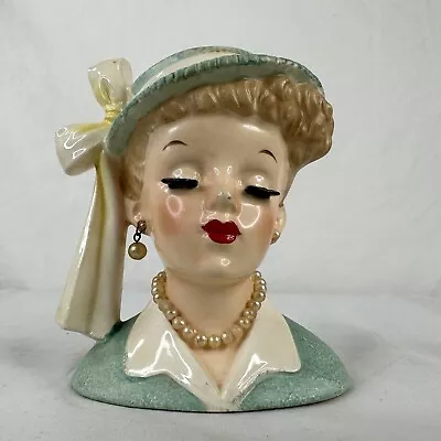 Napco 1958 C3342A 4 Inch Lady Head Vase Pearl Necklace Earrings Hat W/ Bow Blue • $49.99