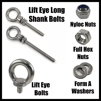 A4 Lifting Eye Bolt Long Short Shank Full Stainless Steel Marine Grade Nylon Nut • £3.27