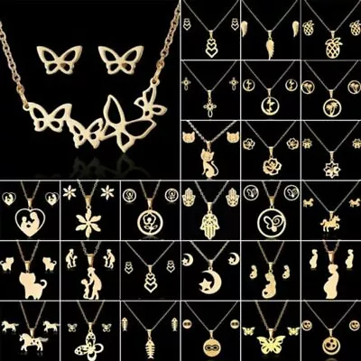 $3.30 • Buy Stainless Steel Gold Jewelry Set Pendant Necklace Earrings Fashion Women Jewelry