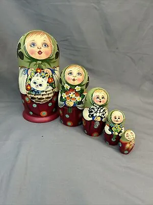 Nesting Dolls 5 Wooden Made In Russia Woman Cat Flowers Baby Complete Folk • $31.20