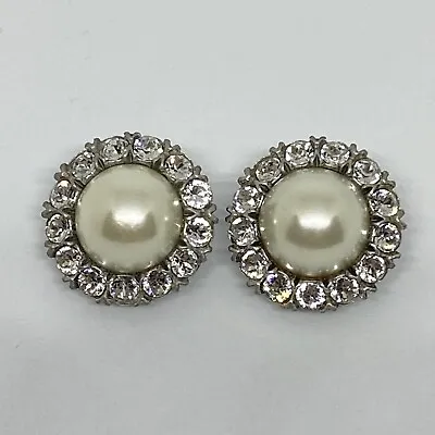 $95 • Buy Vintage Ben Amun Clear Rhinestones & Faux Pearl Clip Earrings Wedding Bridal