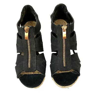 Merona Shoes Women Size 6.5  Black Tan Wedge 4 Inch High Heels Zipper Detail • $9.80