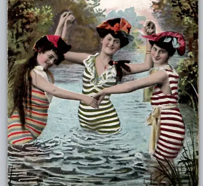 3 Bathing Beauties Striped Suits Swimming Hats Antique Vtg Postcard C1910 1070 • $15.85