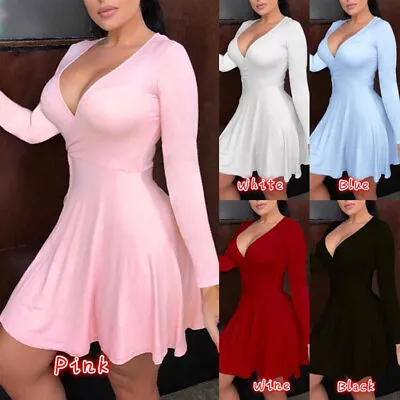 $20.89 • Buy Sexy Women Mini Dress Long Sleeve Deep V-Neck Bodycon Swing Party Skater Dress