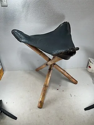 Vtg Blue Leather Tripod Folding Saddle Seat Stool Chair Aztec Mayan Bamboo Legs • $71.95