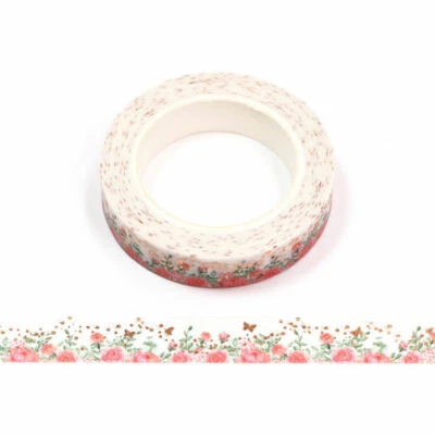 $5.50 • Buy Slim Washi Tape Pink Floral Rose Gold Foil Flowers Gilded Skinny Butterfly 10mm