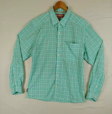 SIMMS Men's Shirt Medium Ruffle Seersucker Plaid Green Fishing Nylon Long Sleeve • $29.99