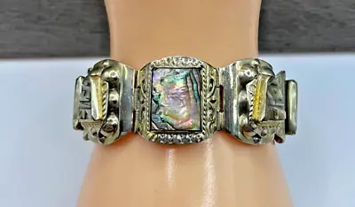 Vintage 925 Sterling Silver Taxco Mexico Abalone Link Bracelet 39.33 Grams • $98