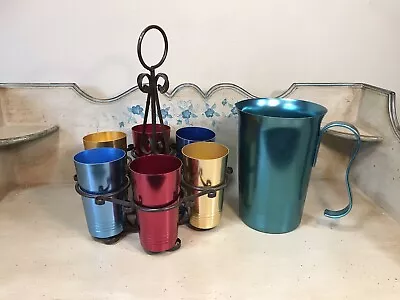 Vintage Aluminum Bevrage Set 6 Tumblers W/ Black Metal Scroll Caddy & Pitcher • $75