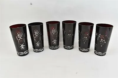 Nachtmann Traube Cranberry Red Cut To Clear Highball Crystal Glass Tumbler Set 6 • $199.99