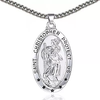 Large Mens Womens 24  Silver Chain Oval 1.75  Saint Christopher Pendant Necklace • $28.95