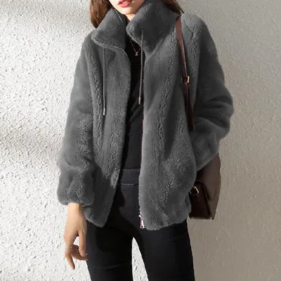 Womens Fleece Fluffy Stand-up Collar Coat Solid Zip Up Pocket Jacket Tops S-3XL√ • £4.68