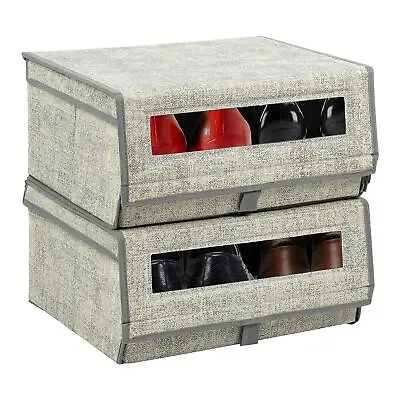 Set Of 2 Large Fabric Stackable Shoe Storage Boxes With Lid & Transparent Window • £9.95