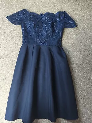 Chi Chi London Navy Lace Dress Size 10 Off The Shoulder Lace Bodice Fit & Flare • £19.99