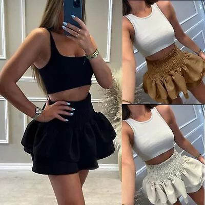 £17.99 • Buy Women Smocked Frill Mini Rara Flounce Skirt Ladies Pleated Dance Club Wear Beach