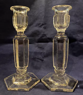 Beautiful Early American Zipper Glass Hexagonal Candlesticks  EAPG Clear (WW610) • $22.99