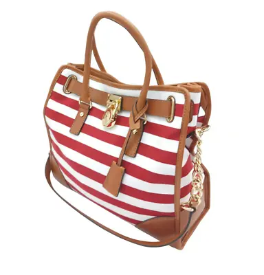 Michael Kors Large Hamilton Red & White  Stripe Canvas Tote W/ Pad Lock • $140