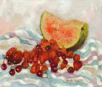 Original Signed Framed Oil Painting Fruits Watermelon Strawberries Andi J Lucas • £445