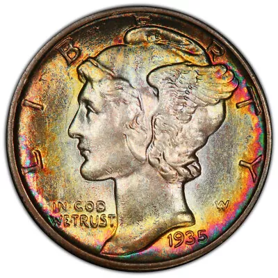 1935 10C PCGS MS62 Mercury Dime Amazing Neon Rainbow Toning 402568 • $299.95