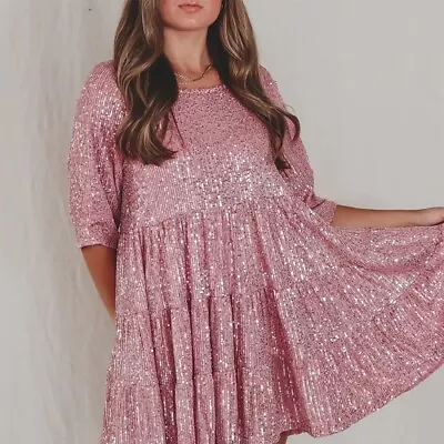 $43.89 • Buy Round Neck Short Sleeve Women's Shiny Sequin Loose Solid Color Party Dress