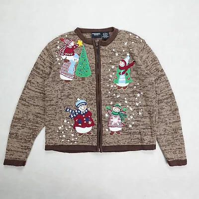 Vintage Christmas Sweater Women Large Brown Cardigan Snowman Full Zip • $22