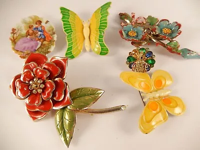 LOT 6 Vintage FLOWER PINS Colorful BRIDAL BOUQUET Metal Porcelain Plastic Limoge • $19.99