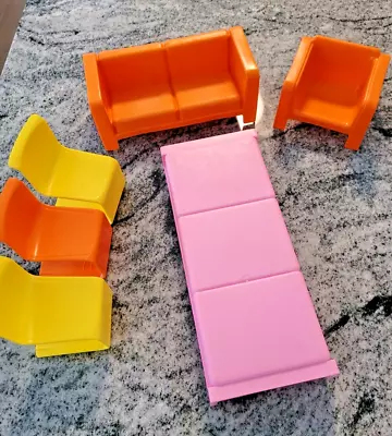 Vintage 1973 Barbie Furniture Lot Of 6 Pcs Chairs Orange Sofa Pink Bed • $19.99