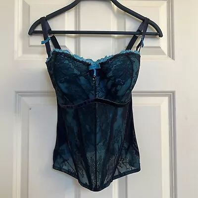 £50 • Buy Masquerade Panache 30FF Basque Black Lace Turquoise Corset Sexy Marie Antoinette