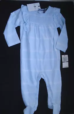 7 For All Mankind Infant Girl Blue Smocked One Piece Footed Coverall 6-9 M NEW • $16.99