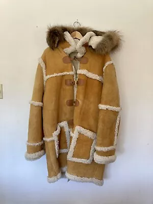 Jakewood Men's Tan Old School Suede Shearling Toggled Coat Raccoon Hood 2XL 4100 • $429.97