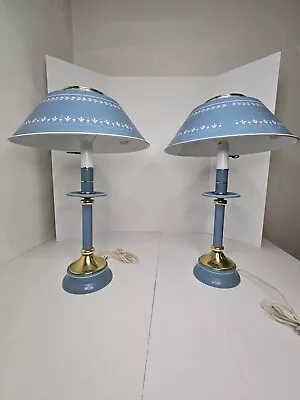 Tole Screen Blue & White Metal Table Lamp Vintage Art Deco Retro Pair • $75