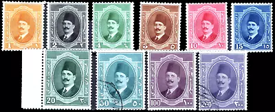 Egypt 1923 King Fouad First Issue 10 Values MH (2 Used) • $19.99