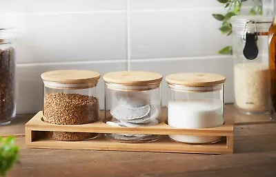 £21.99 • Buy Set Of 3 Glass Tea Coffee Sugar Jars Canisters With Bamboo Stand Kitchen Storage