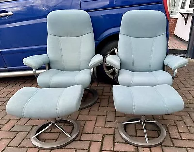 2 Ekornes Stressless Signature Consul Blue Fabric Recliner Armchair  Footstool • £995