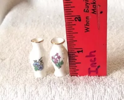 Set Of 2 Vintage Dollhouse Miniature Floral Vases W/ Gold Trim • $14.99