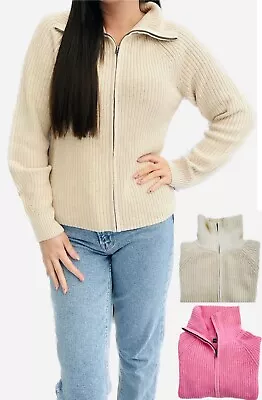 Ex FaMouS Store Chunky Knit Zip High Neck Ribbed Cardigan Pink Beige Winter Warm • £11.99