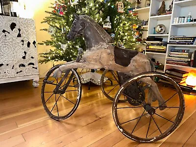 Antique Horse Tricycle: Wooden Body Leather Saddle Hair Tail Glass Eyes • $5000