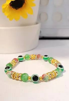 Green EVIL EYE BRACELET Beaded Stretch Protection Mal De Ojo Kabbalah Bracelet  • $9.98