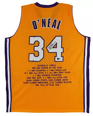 $396 • Buy Shaquille O'Neal LA Lakers Signed Career Stats Yellow Jersey Beckett BAS