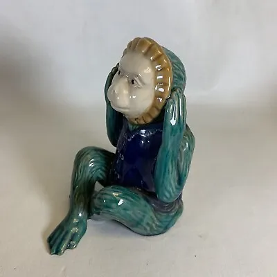 Vtg Majolica Monkey ~ Glazed Ceramic Statue Figure ~“Hear No Evil” BROKEN FOOT • $24.99